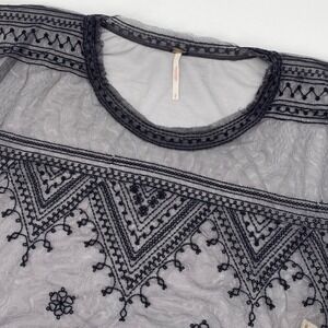 Free People Womens Sheer Mesh Embroidered Crop Top Charcoal Grey Boho Small S